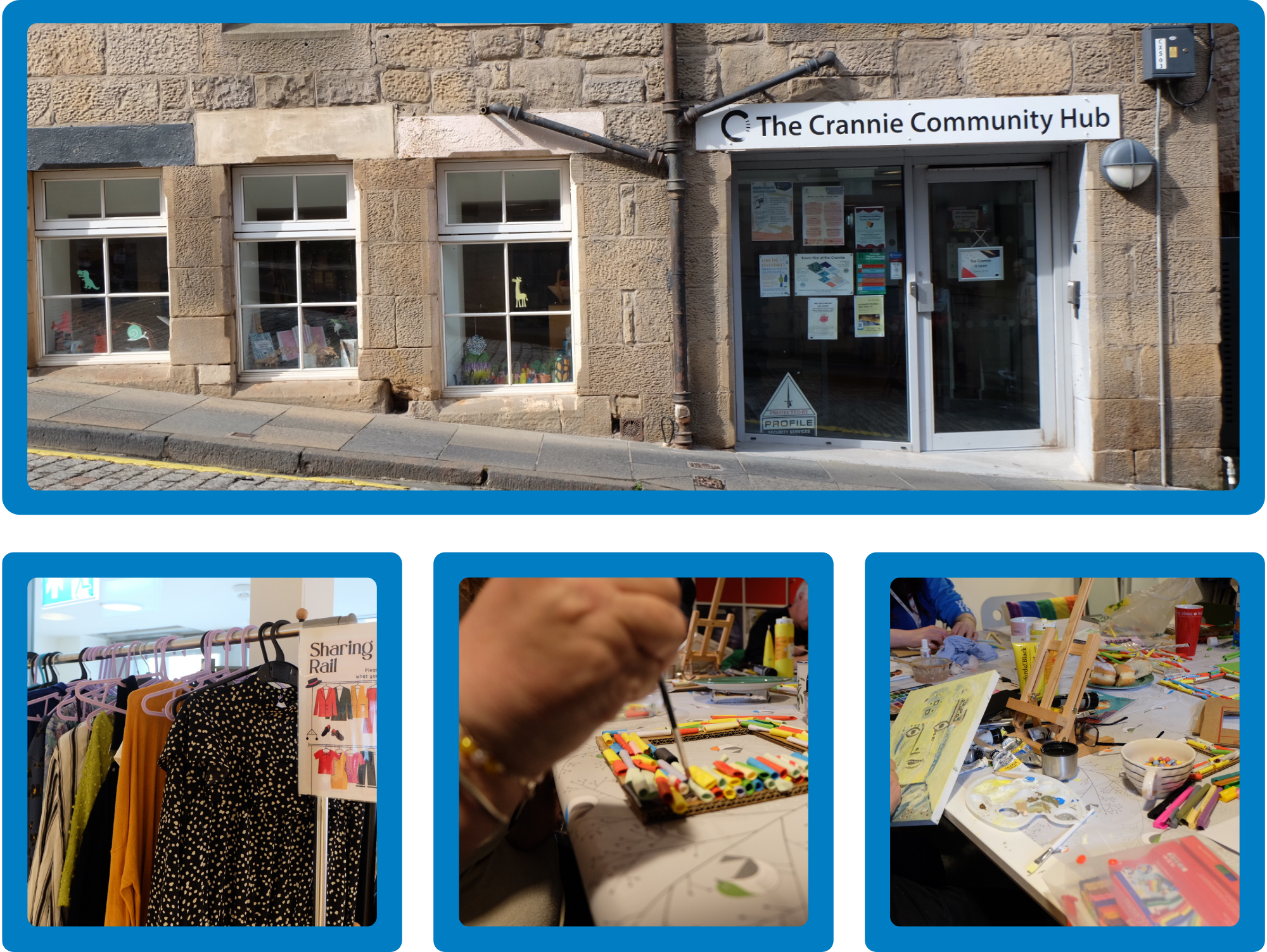 Image of outside of building (The Crannie), 2 crafting pictures and a clothes rail.