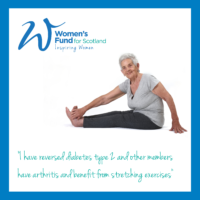 Older lady stretching, with quotation and logo