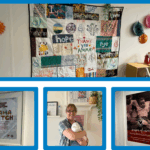 Collage of photos of Amma Birth Companions - Shona cuddling a baby. posters and a quilt