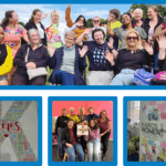 A collage of photos with pictures of a group of women and artwork